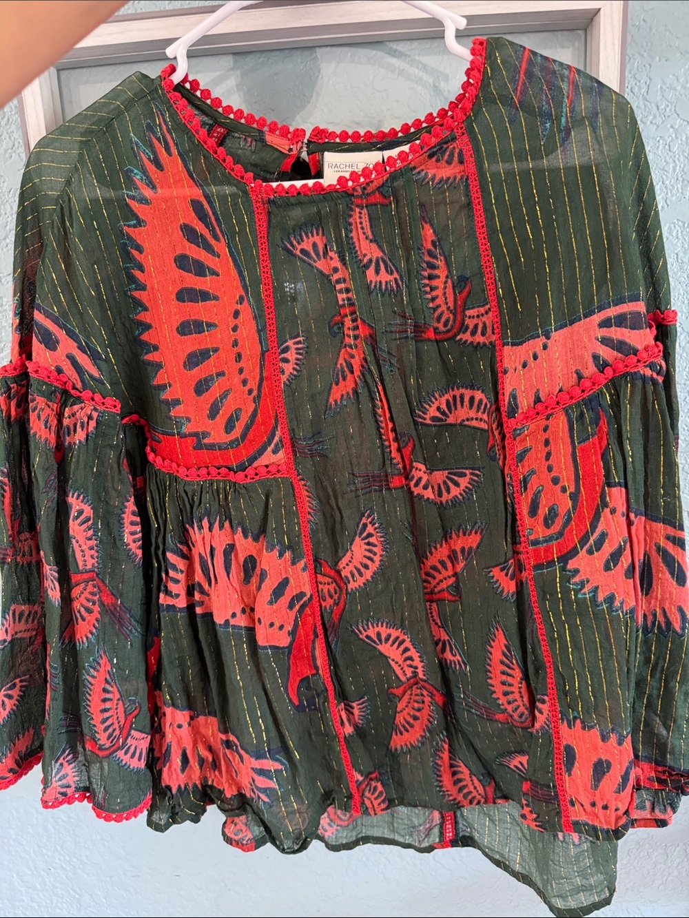 Rachel Comey Green and Bright Red Printed Peasant Blouse